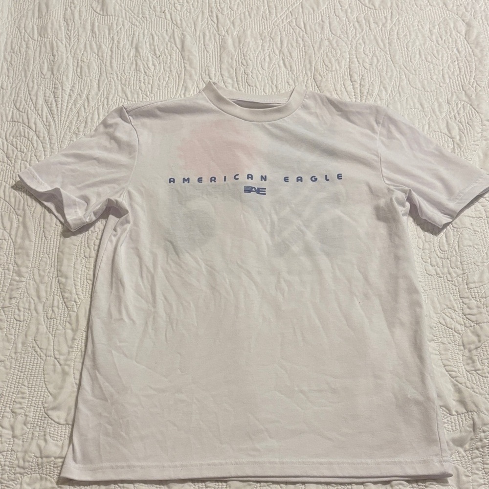American Eagle Outfitters White T-Shirt with Light Blue Logo